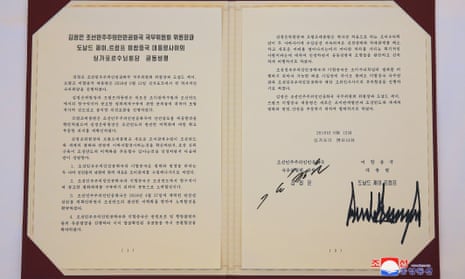 A photo released by the official North Korean Central News Agency (KCNA) shows the agreement signed by Korean leader Kim Jong-un and US president Donald Trump in Singapore on Tuesday.