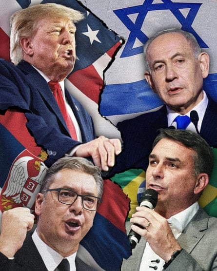 Donald Trump, Benjamin Netanyahu, Aleksandar Vučić and Flávio Bolsonaro overlaid on torn flags from their respective countries, speaking and gesturing