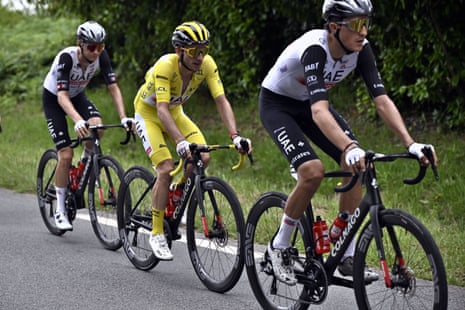Adam Yates (centre) keeps the yellow jersey for a fourth day with the Tour entering the Pyrenees tomorrow.