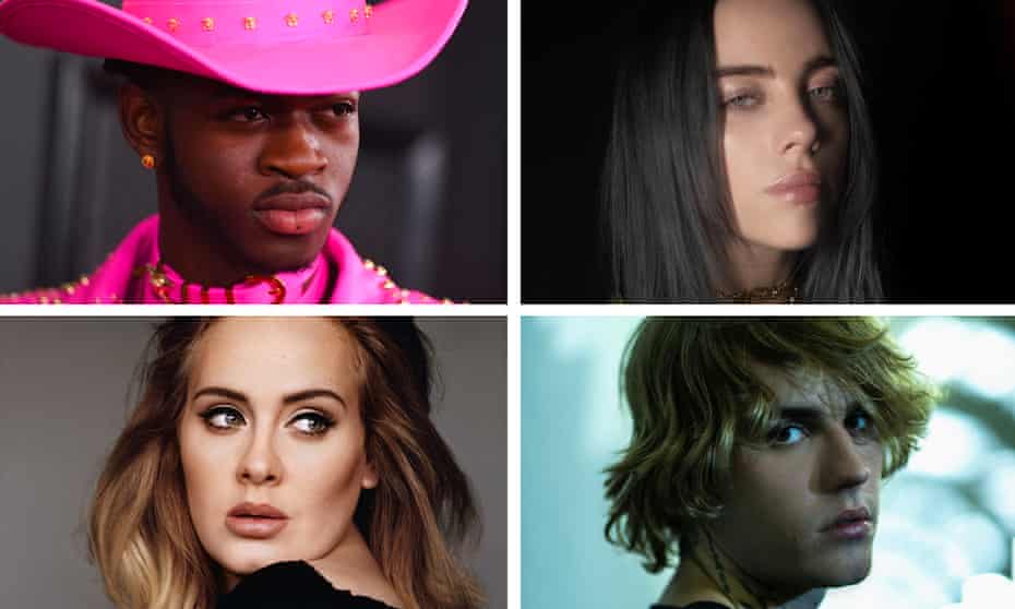 New routes to fame … clockwise from top right, Lil Nas X, Billie Eilish, Justin Bieber and Adele.