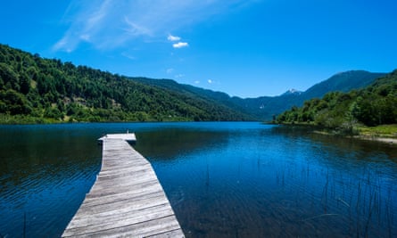 Wooden boat pier on Lago Tinquilco in the Huerquehue, southern Chile