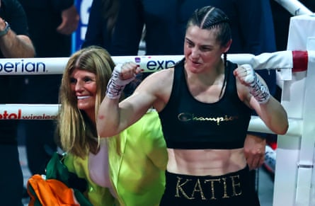 Katie Taylor celebrates Friday’s win alongside her mother, Bridget, at Madison Square Garden in New York.