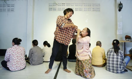 Mom, left, at a rehearsal before the performance Lakhon Komnit play on domestic violence, Cambodia.