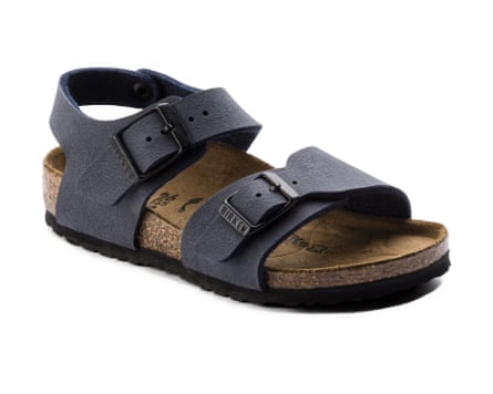 A side angle of a Birkenstock New York Kids two strap sandal in navy