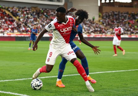 AS Monaco’s Folarin Balogun in action with OGC Nice’s Kojo Peprah Oppong.