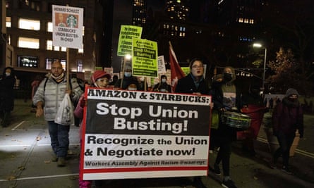 Protesters in New York City supporting Amazon and Starbucks workers called out the companies for union-busting efforts.