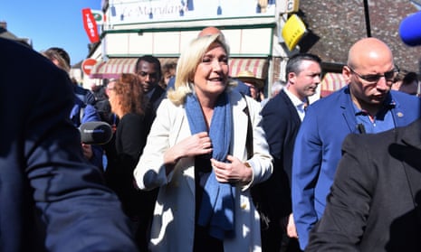 Marine Le Pen on a campaign visit to Saint-Rémy-sur-Avre, in northern France, on Saturday