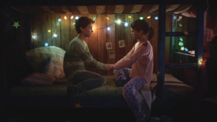 Two animated children sit on a bed holding hands