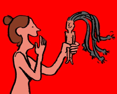 Illustration of naked woman holding a small doll and laughing