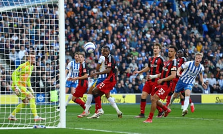 Jan Paul van Hecke guides in Brighton’s equaliser with a header from a free-kick.