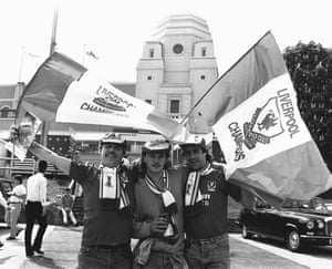 Devoted Liverpool fans proudly display their loyalty beneath one of Wembley Stadium’s famous towers, in readiness for their team’s FA Cup Final clash against Wimbledon.