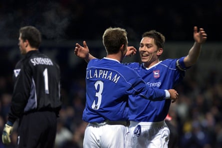 Jamie Clapham celebrates with Matt Holland after scoring against Sunderland in 2001.