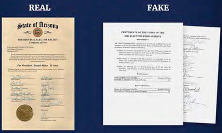 Composite image of two sets of documents, the one of the left labeled Real and the other Fake.
