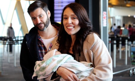 Jacinda Ardern with Neve, her newborn daughter, and Clarke Gayford at Wellington Airport, New Zealand, in 2018.