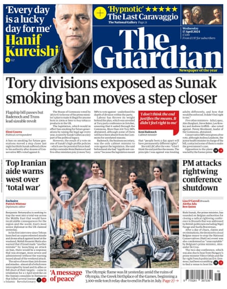 Guardian front page, Wednesday 17 April 2024