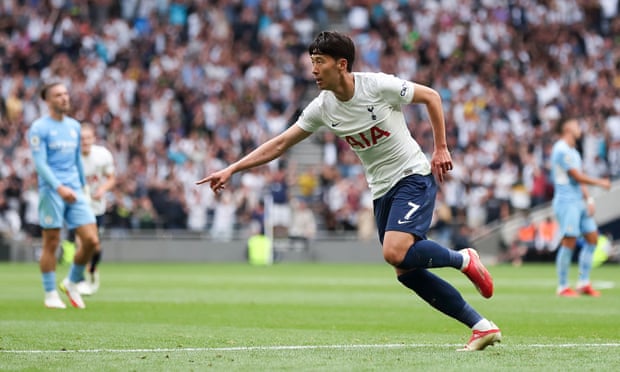 Son Heung-min celebrates after scoring the winner for Tottenham against Manchester City.