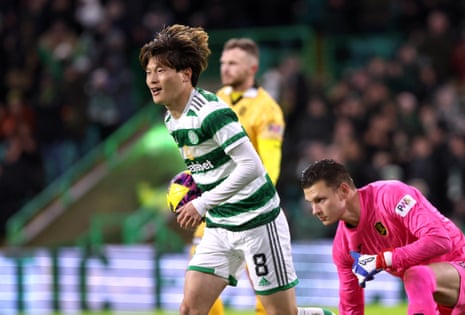 Kyogo Furuhashi celebrates the first Celtic goal against Livingstone.
