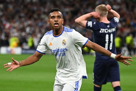 Rodrygo celebrates as his two quick semi-final goals helped eliminate Manchester City