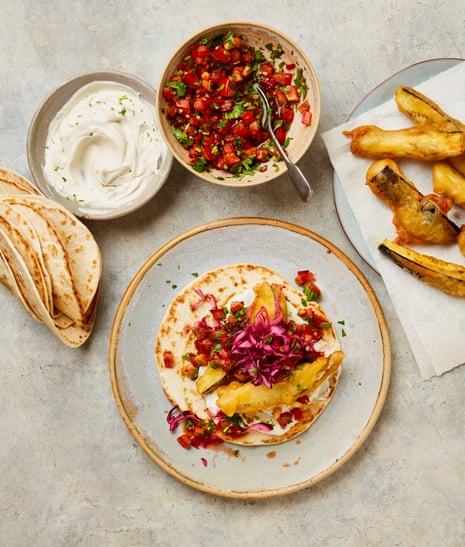 Meera Sodha's beer-battered aubergine tacos.