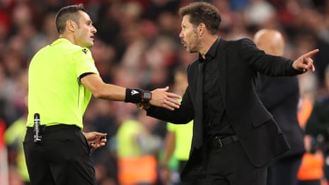 Atlético's Simeone blames 'insults throughout the game' for late red card at Anfield – video | Liverpool | The Guardian