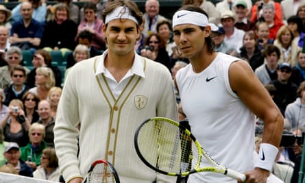 Roger Federer left, and Rafael Nadal pose for a photo prior to the start of the men’s singles final on the Centre Court at Wimbledon in 2008.