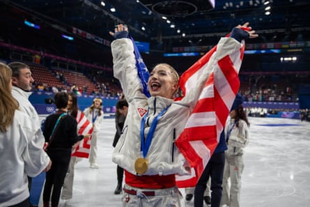 Amber Glenn celebrates after Team USA’s gold medal win.