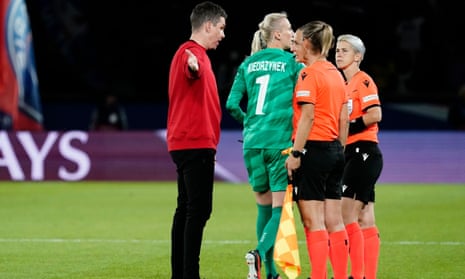 Manchester United’s Marc Skinner speaks to the referee after his side’s loss in the Champions League.