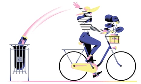 Illustration of woman on bike throwing news into bin