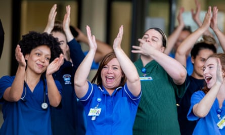 NHS staff at Aintree university hospital in Liverpool, UK, on the night of the final Clap for Carers, on 28 May.