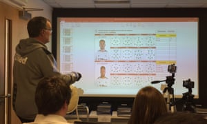 Marcelo Bielsa gives a presentation to the media in December 2019 after the Spygate controversy.