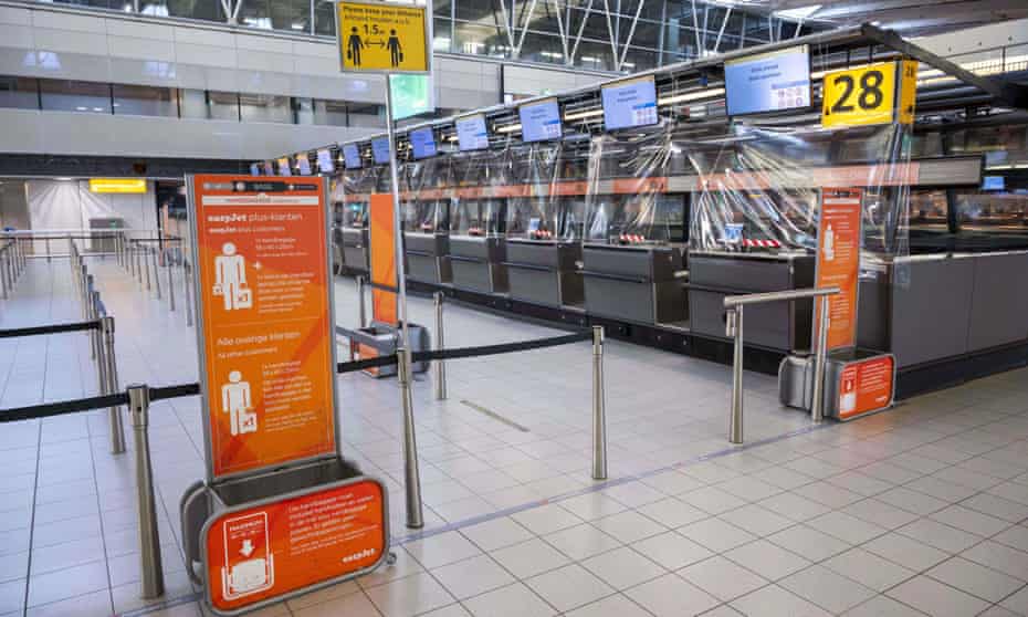 EasyJet check-in counters at Schiphol airport on 30 March 2020: ‘Airline bailouts could also require a plan for carbon reduction.’