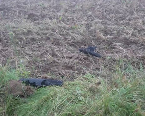 Debris from what was a drone shot down by a Nato fighter jet on the ground near Pratkūnai village, Lithuania.