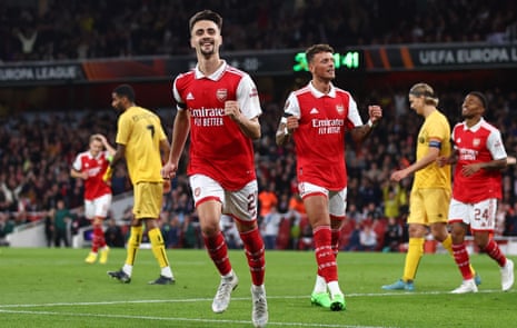 Fábio Vieira celebrates after scoring Arsenal’s third goal against Bodø/Glimt