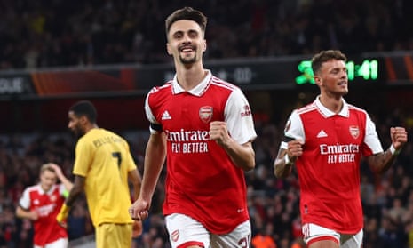 Arsenal's Fabio Vieira celebrates scoring their third goal.