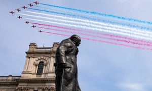 The Red Arrows fly over the statue of Churchill on 8 May 2020.