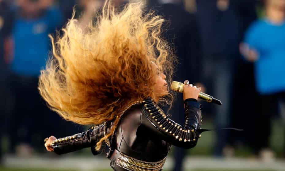Beyoncé … Performing at the Super Bowl halftime show. 