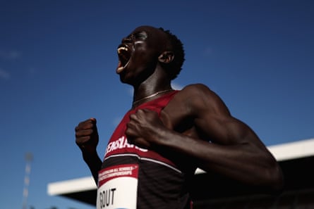Gout Gout celebrates after winning his 100m final in Brisbane