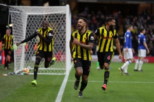 Andre Gray celebrates scoring Watfordâs winner against Everton.