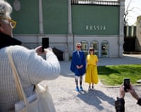 People outside of the closed Russia pavilion at the Venice Biennale 2022.