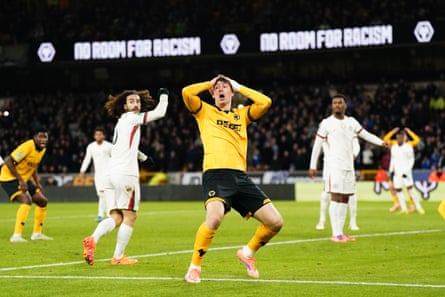 Jorgen Strand Larsen (centre) reacts against Chelsea