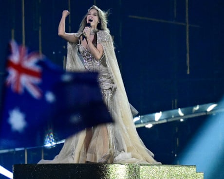 TOPSHOT-AUSTRIA-ENTERTAINMENT-MUSIC-TELEVISION-ESCTOPSHOT - Australian singer Delta Goodrem, representing Australia with the song 'Eclipse', performs during the second semi-final of the Eurovision Song Contest 2026 (ESC) at Wiener Stadthalle in Vienna, Austria on May 14, 2026. (Photo by Tobias SCHWARZ / AFP via Getty Images)