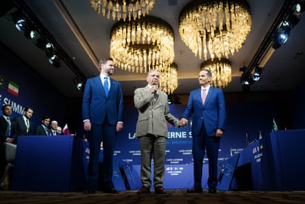 JD Vance looks on as Pakistani prime minister Shehbaz Sharif speaks beside Qatari prime minister Sheikh Mohammed bin Abdulrahman bin Jassim Al-Thani in Switzerland