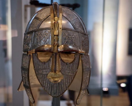 ornately engraved metal helmet with face covering found at Sutton Hoo