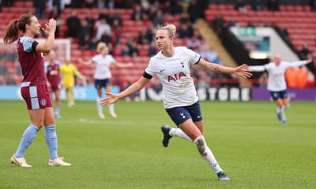 Martha Thomas celebrates after scoring Spurs’ equaliser at Aston Villa, the first goal of her hat-trick.