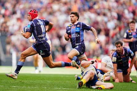 Bordeaux’s Louis Bielle-Biarrey races clear to score a try against Leinster
