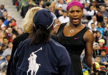 Serena Williams has words with a line judge in the 2009 US Open semi-final against Kim Clijsters.