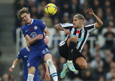 Conor Gallagher and Bruno Guimarães go for a high ball.