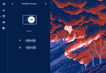 A screenshot of the story's website shows the option to to turn ambient sound on or off for the story. Beside this option is a story image. It's an abstract red and blue illustration shows fire and smoke ripping through wilderness in northern California. Trees are wiped out and ash flies in the air.