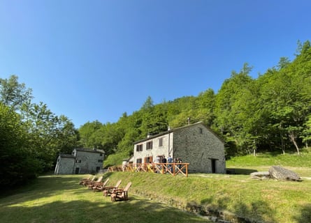 Stone house standing alone on grass amid woods