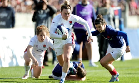 Megan Jones breaks away to score England’s third try of the match